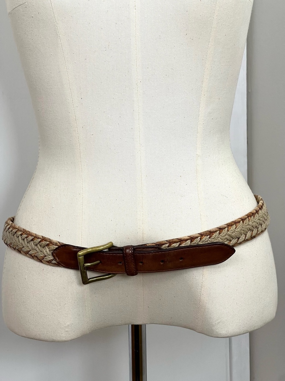 Vintage Leather and Rope Braided Belt with Solid Brass Buckle 36 Brown Light Tan